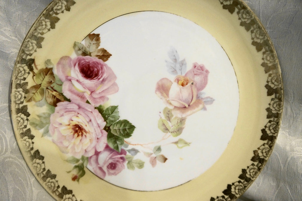 Prussia Charger Cabinet Plate Pink Roses Yellow Border Gold Trim 12 IN