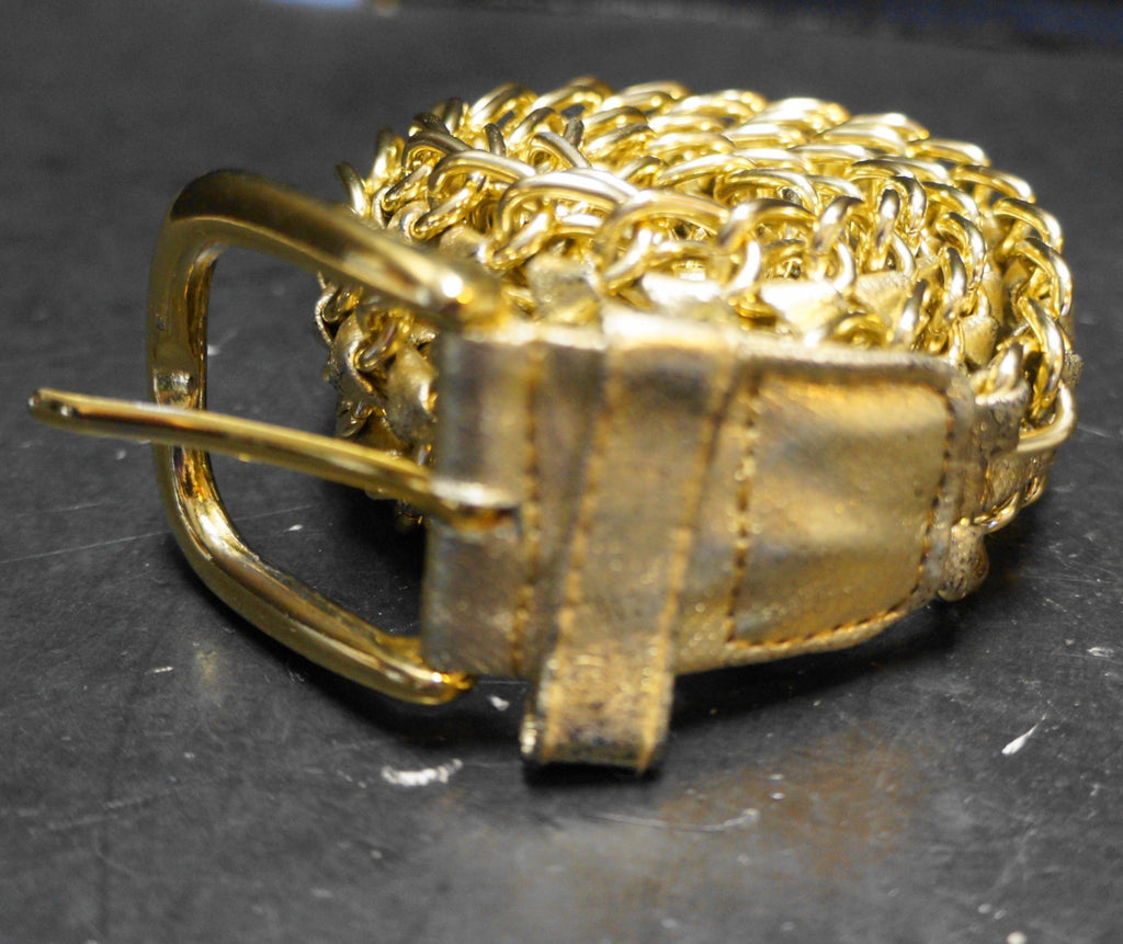 Gold Tone Metal Chain Woven Leather Women's Belt S/M