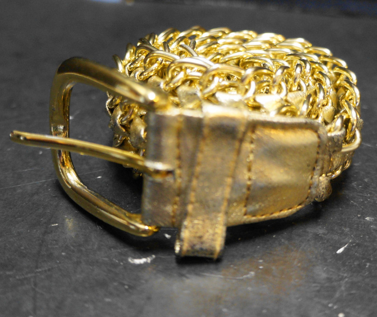 Gold Tone Metal Chain Woven Leather Women's Belt S/M