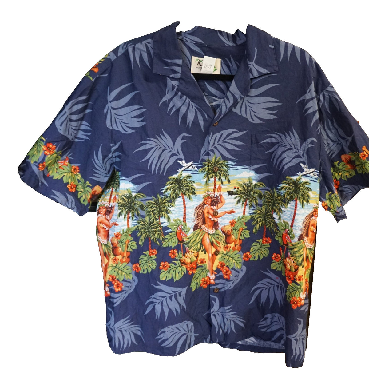 KY Authentic Aloha Hawaiian Shirt Men's XL Hula Girl Dark Blue