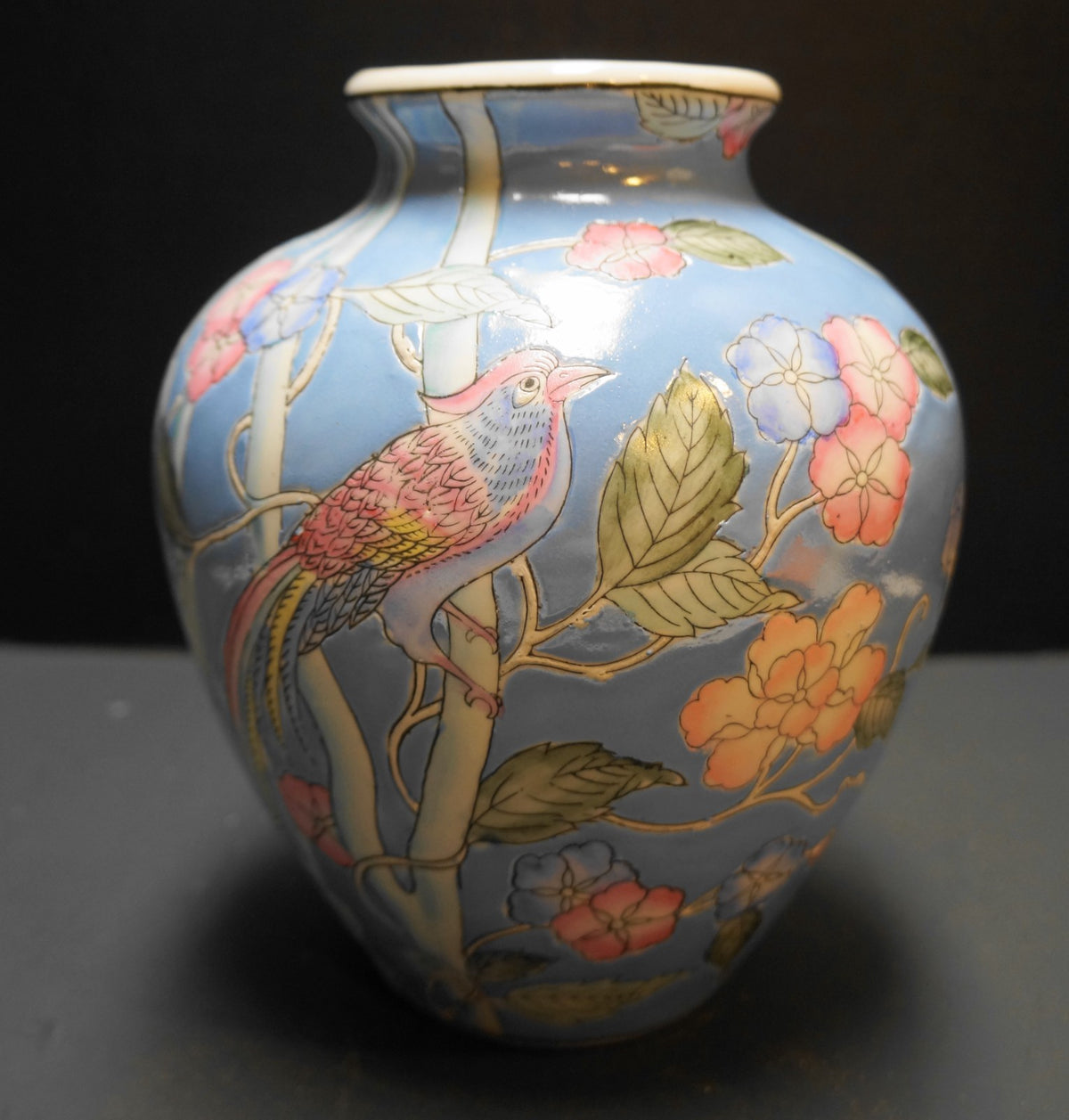 WBI Chinese Ceramic Hand Painted Enamel Vase Flowers Bird of Paradise Blue Pink