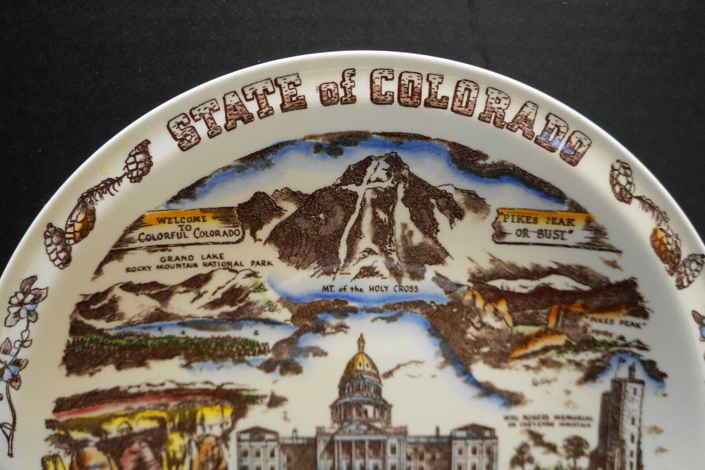 Vernon Kilns Colorado State Souvenir Plate Color Tinted California Pottery