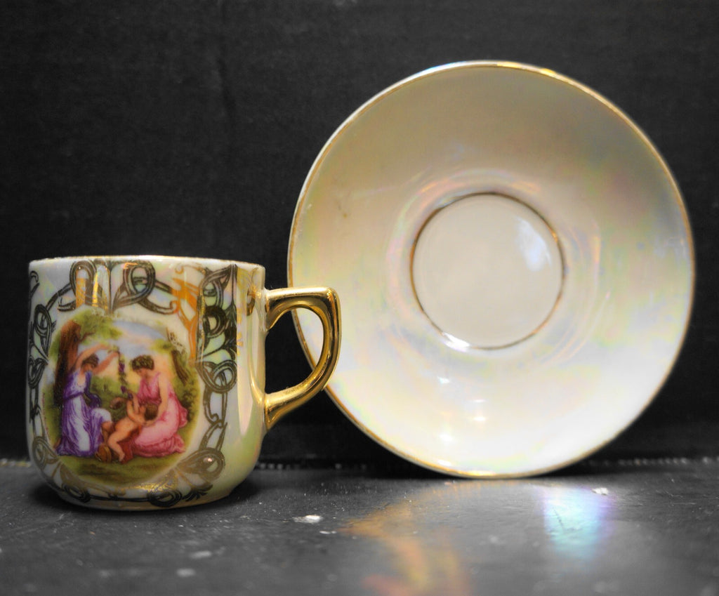 Ardico Germany Lustre Ware Demitasse Cup Saucer Fragonard Scene