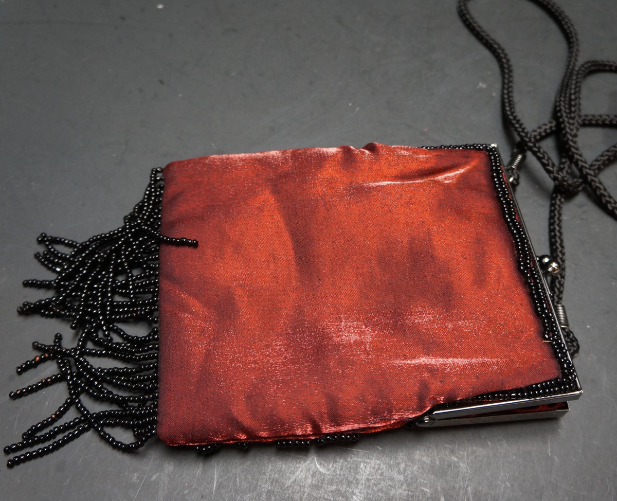 Lancome Dark Red Black Beaded Fringe Evening Bag Vintage