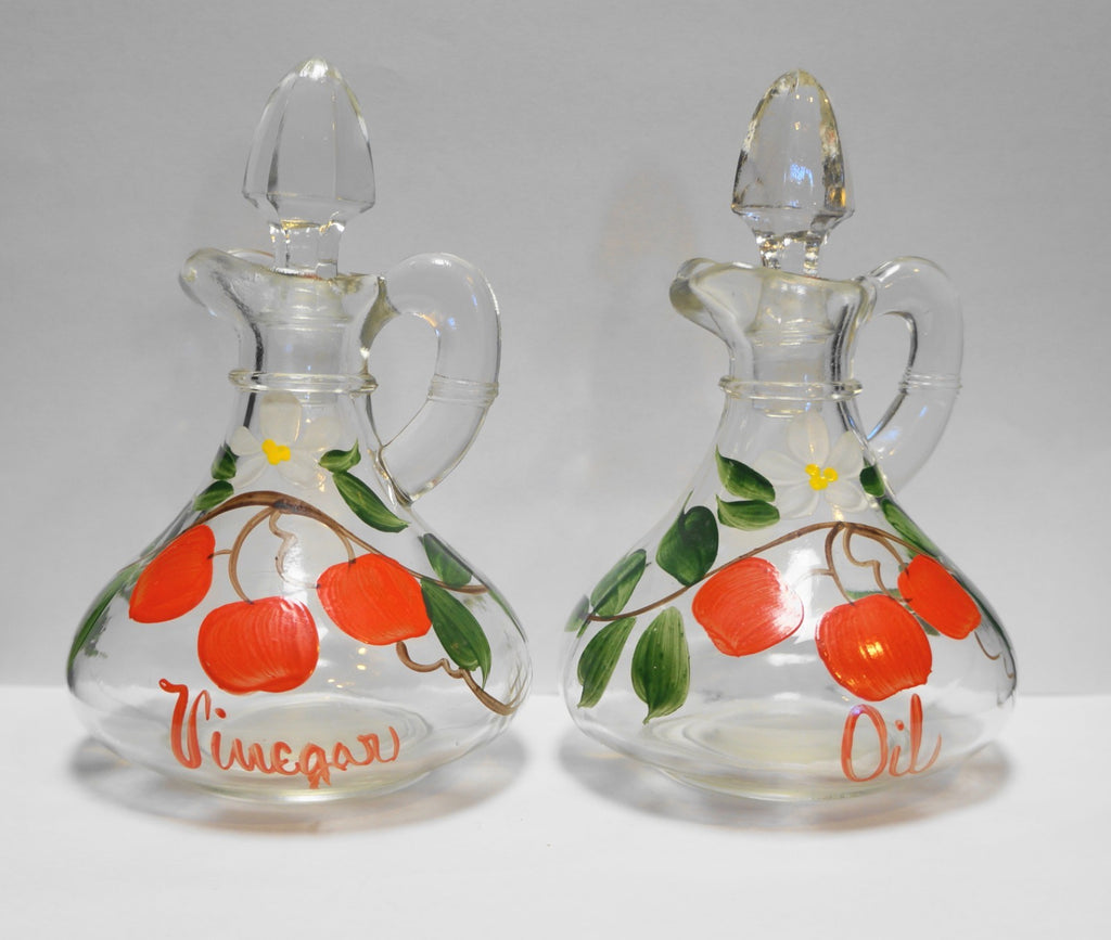 Cherry Cherries Oil Vinegar Cruets Pair Hand Painted Gay Fad Anchor Hocking