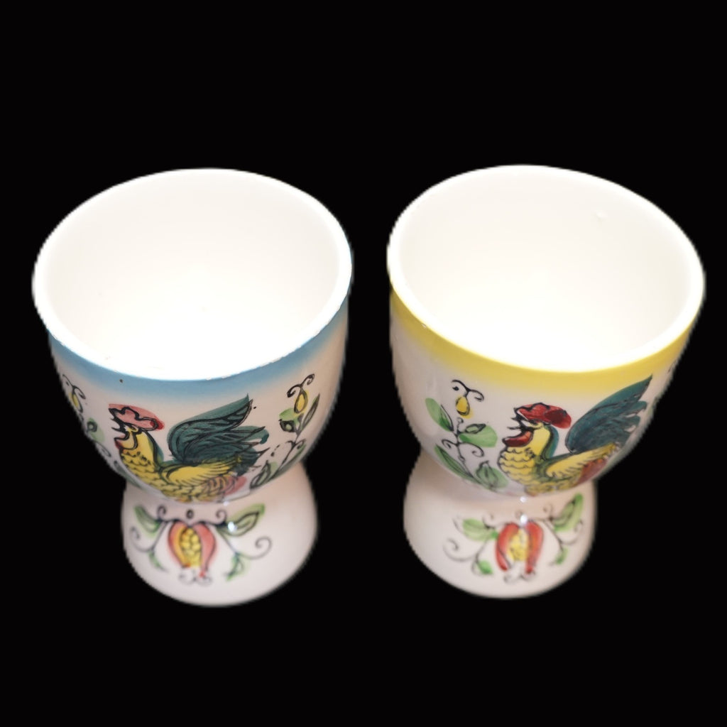 Ucagco Rooster Provincial Double Egg Cups Pair Blue Yellow Trim