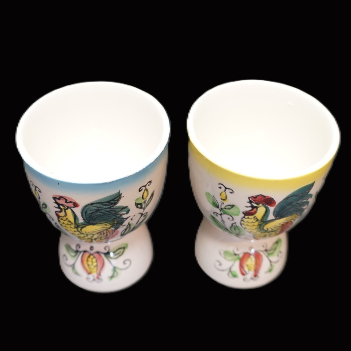 Ucagco Rooster Provincial Double Egg Cups Pair Blue Yellow Trim