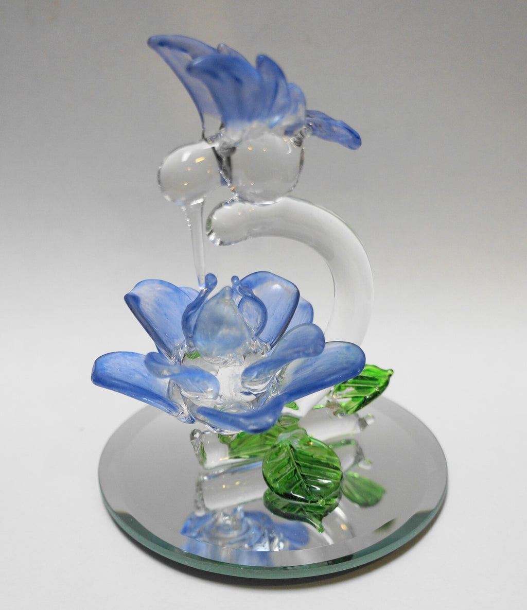 Vintage Blown Art Glass Hummingbird Blue Frosted Flower Figurine on Mirror Base