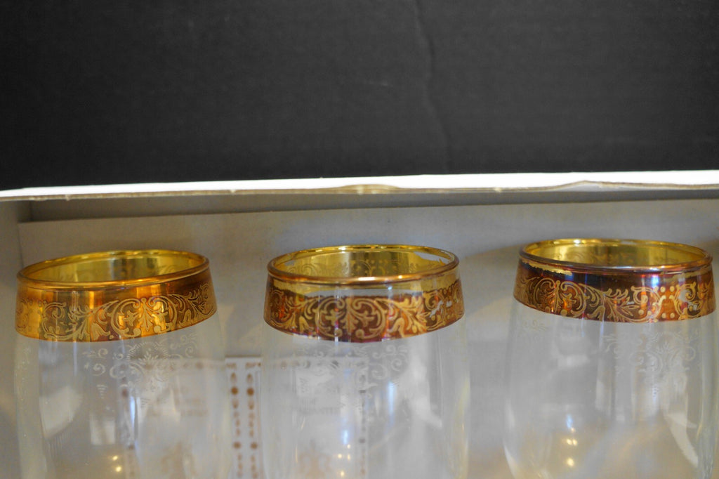 Cellini Water Goblets Set of 4 Gold Encrusted Etched