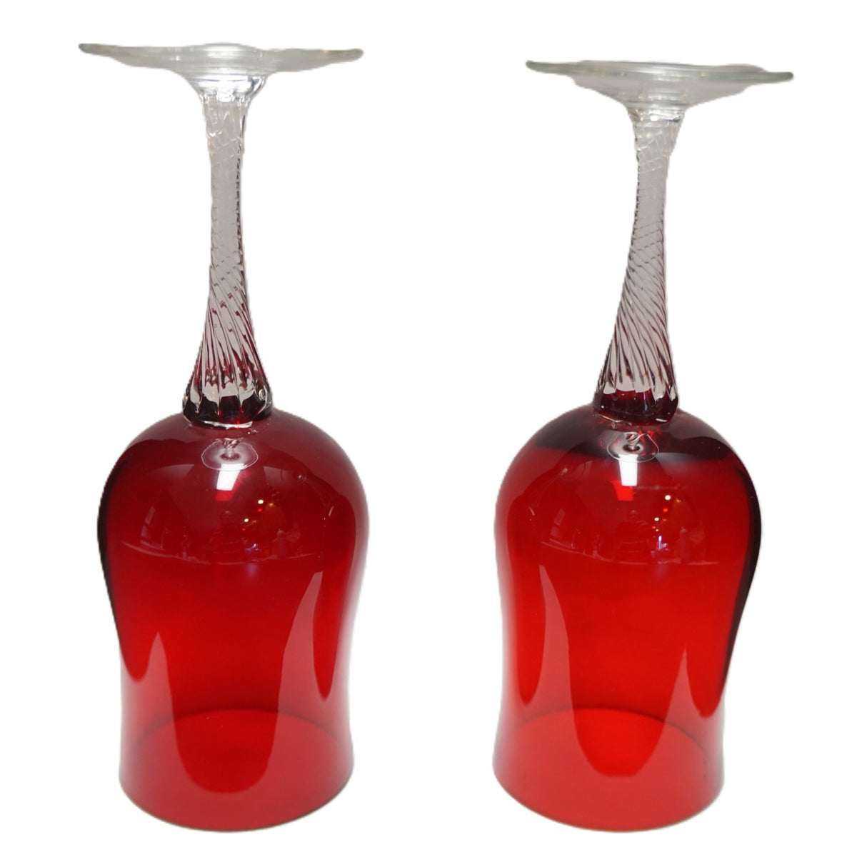 SOLD Saturn Ruby Red Clear Twist Stem Claret Wine Glasses Pair