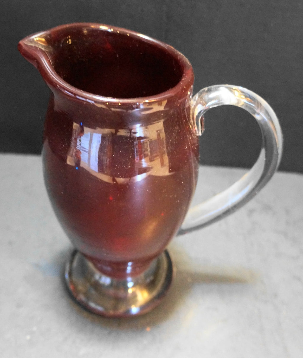 Deep Ruby Red Art Glass Blown Pitcher Vase Clear Applied Handle Foot