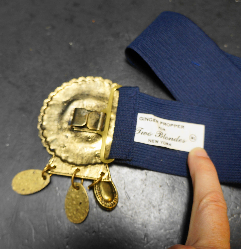 Ginger Propper Two Blondes Navy Blue Stretch Belt 1980s Medallion Buckle
