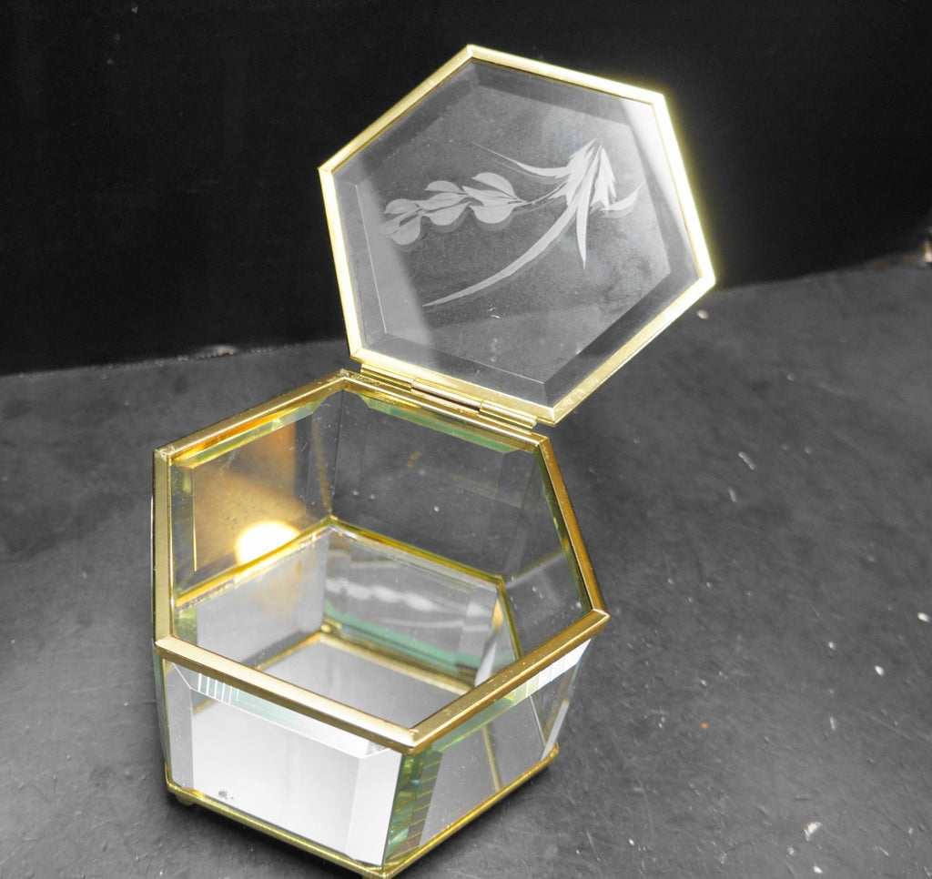 Beveled Glass Cut Flowers Lid Hexagon Jewelry Trinket Box