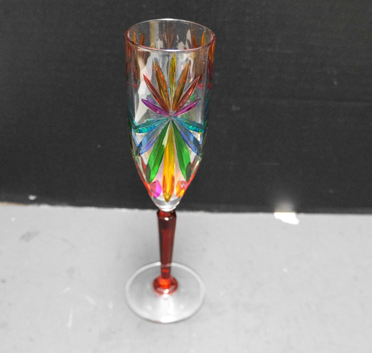 Sorrento Venetian Murano Cut Glass Hand Painted Rainbow Red Stem Champagne Flute