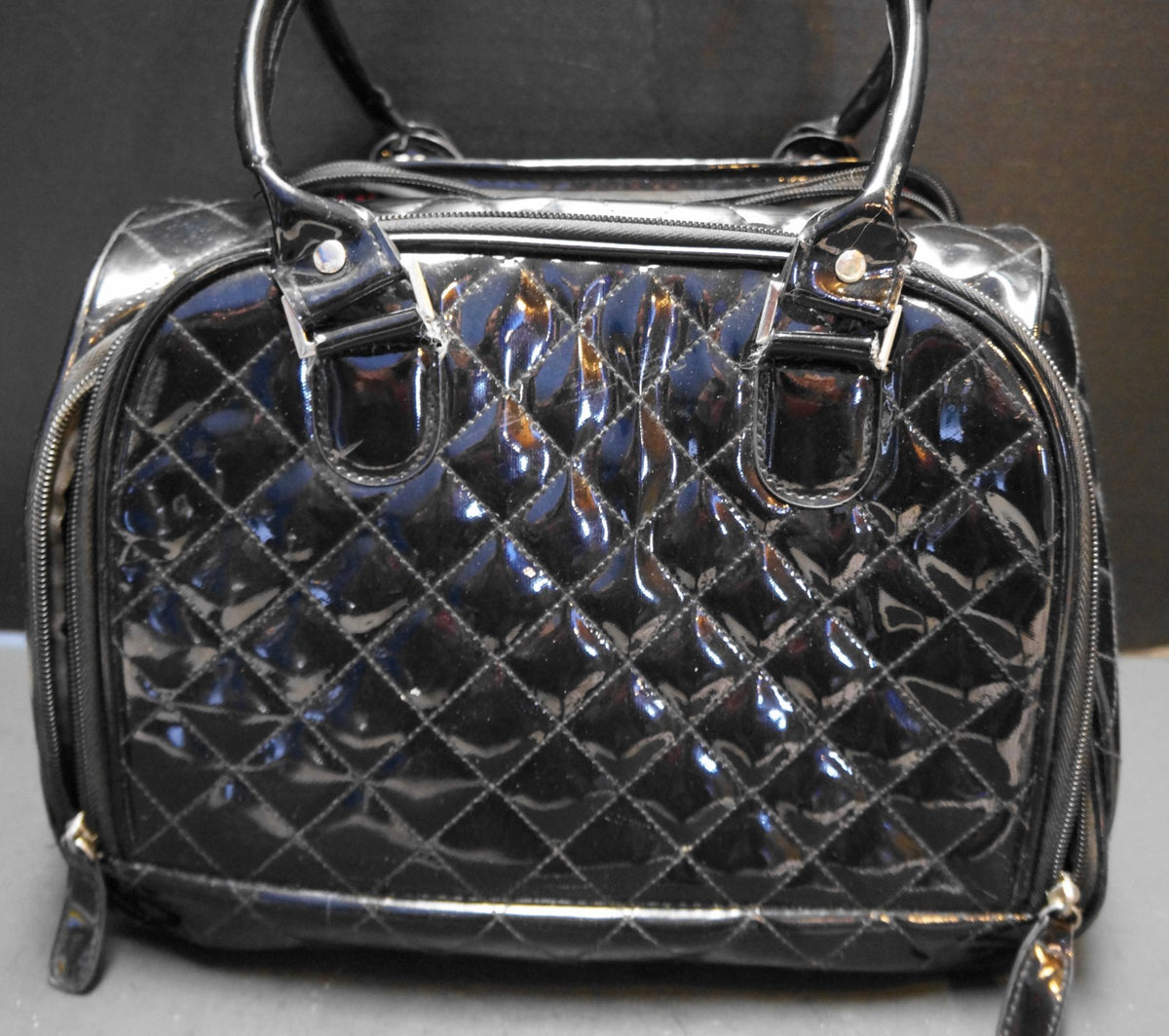 Caboodles Black Patent Quilted Satchel Style Makeup Bag Organizer