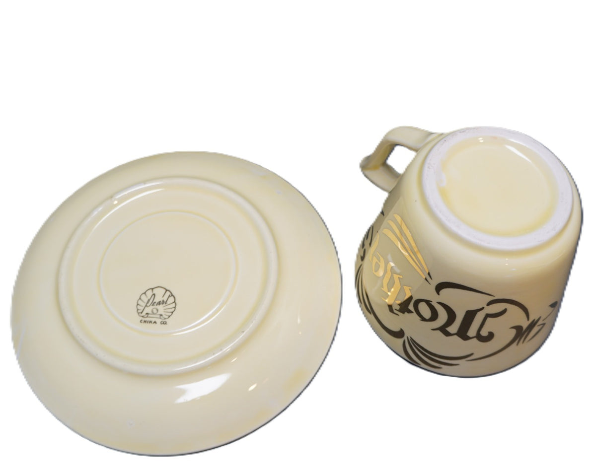 Pearl China Mother 22K Gold Decorated Oversize Cup Saucer 1950s