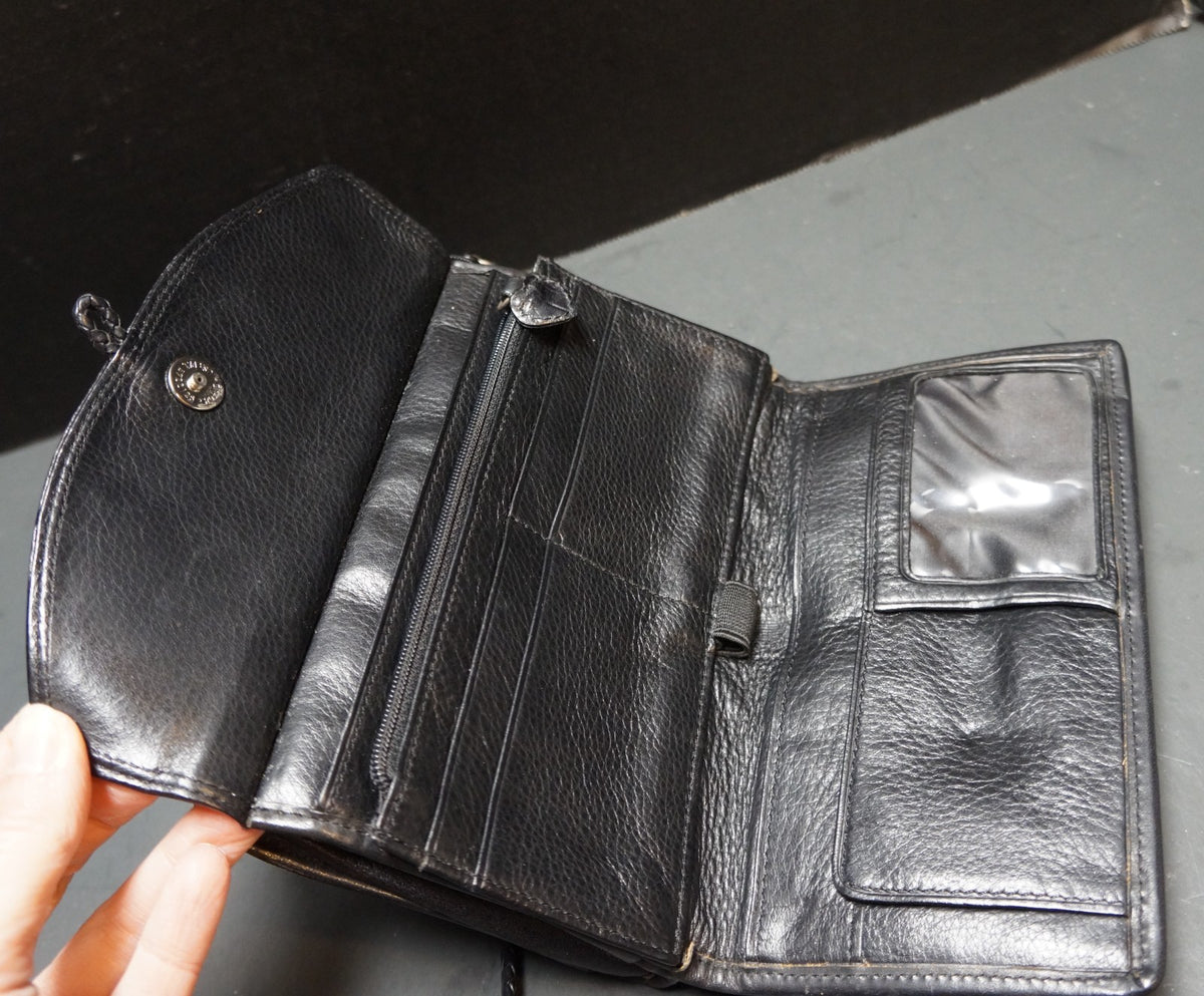 Brighton Black Leather Cowhide Braided Strap Crossbody Organizer Wallet Purse