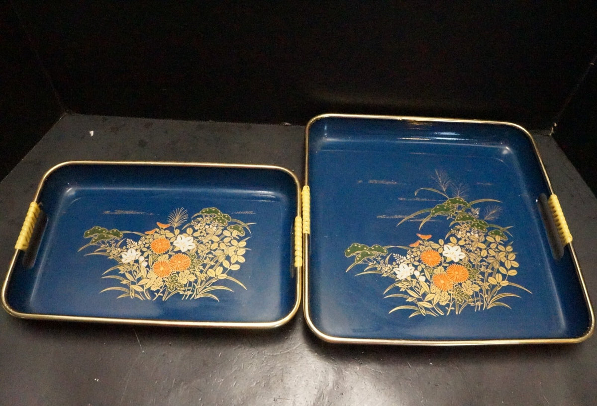 Blue Lacquerware Trays Square Rectangle Set Orange Gold Flowers Japan