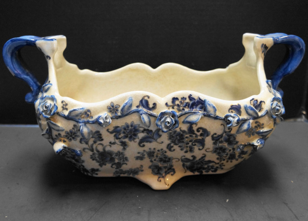 Blue White Rectangle Planter Embossed Flowers Crackle Glaze China