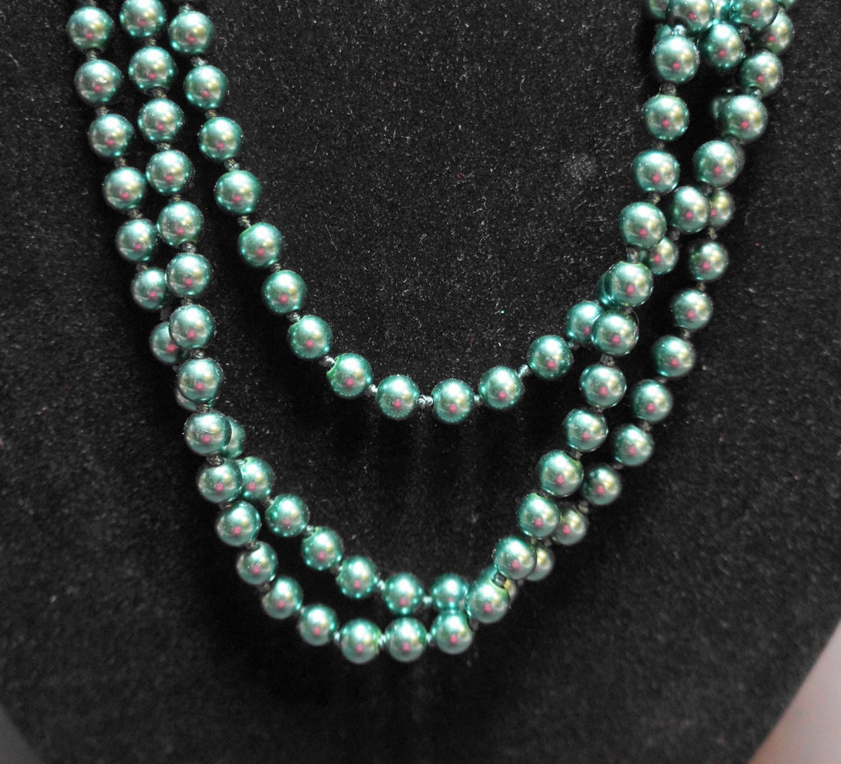 Dark Green Flapper Length 100 IN Single Strand Faux Pearls Necklace Hand Knotted
