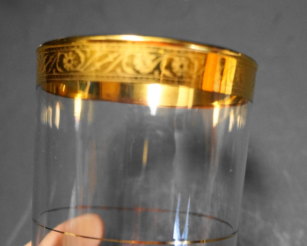 Federal Glass Gold Rim Floral Etched Tumblers Set of 3