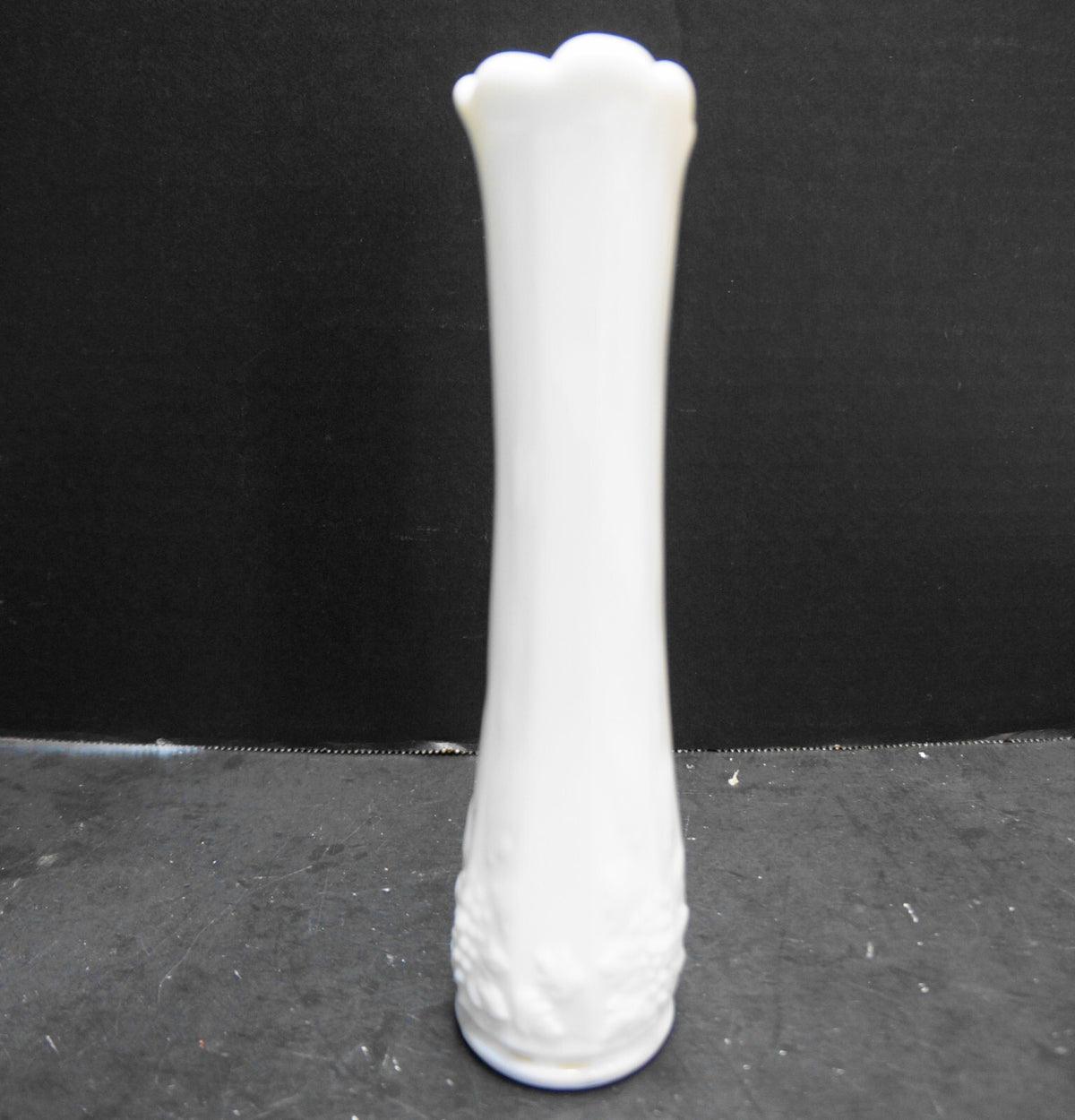 Westmoreland Paneled Grape White Milk Glass Swung Bud Vase 8 1/2 IN