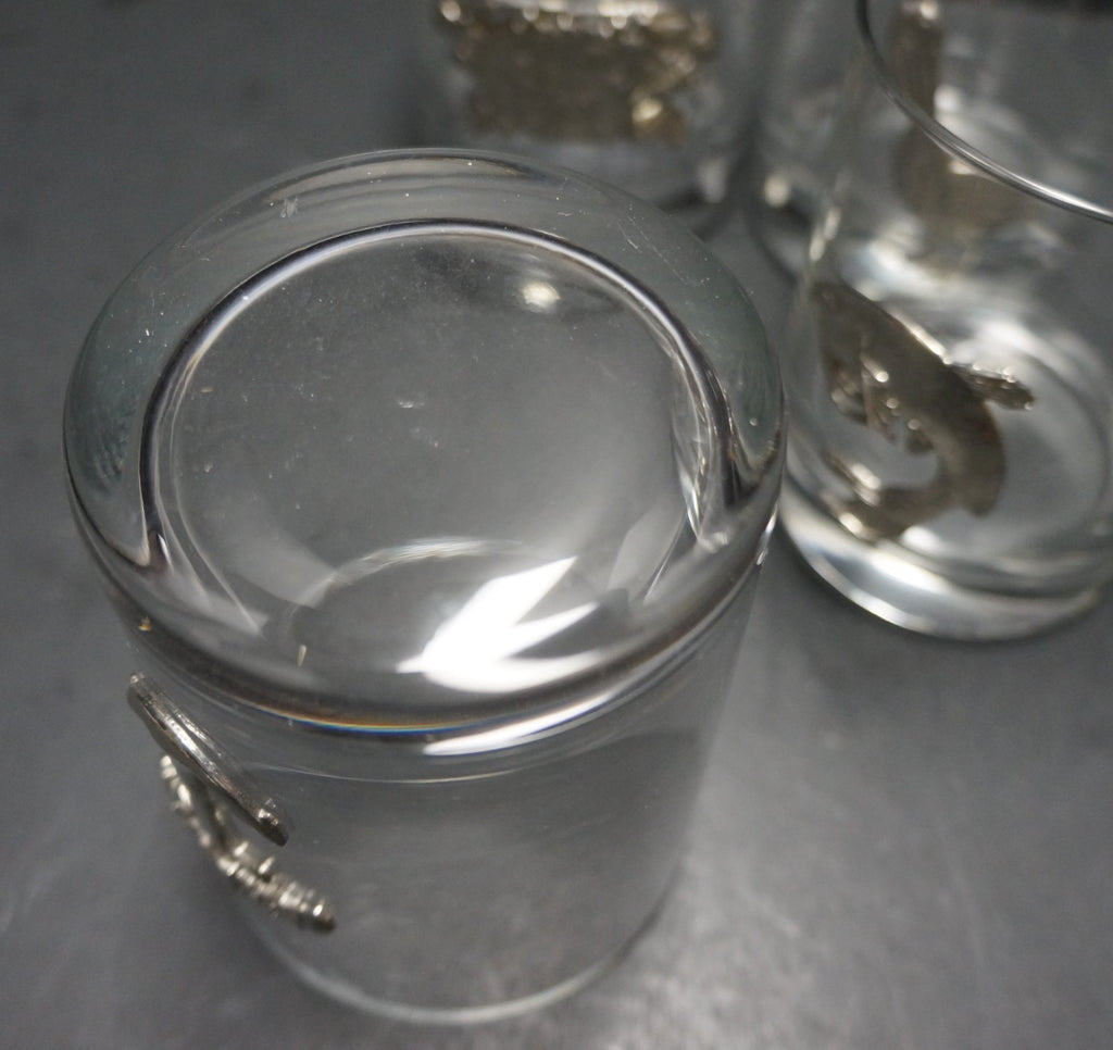 Maurice Milleur Fine Pewter Glass Tumblers Set of 4 Crab Pelican Catfish Anchor