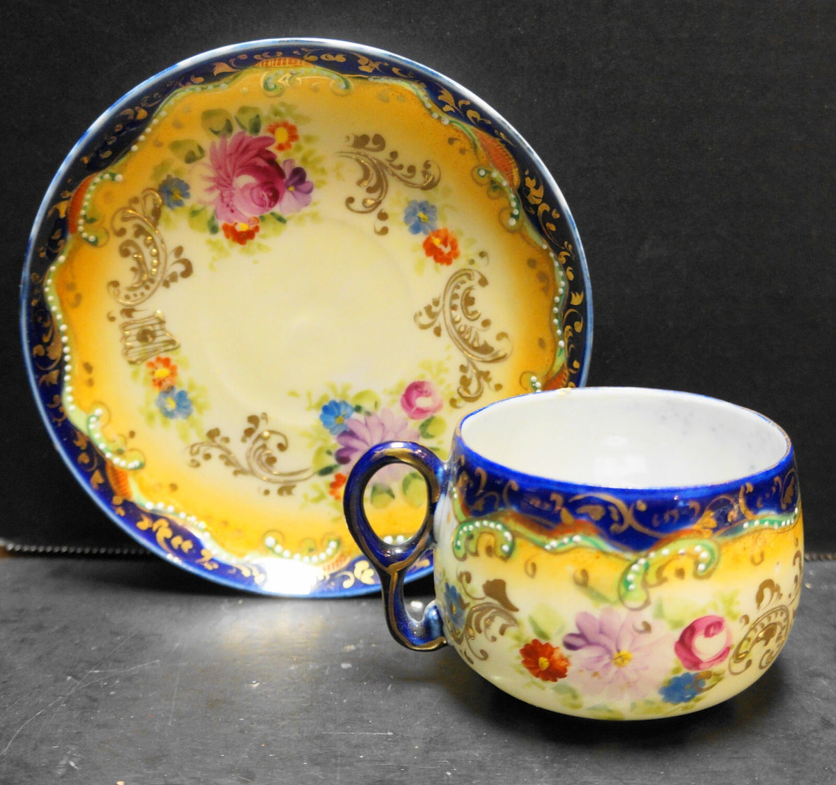Cobalt Blue Trim Hand Painted Roses Cup Saucer Translucent Porcelain