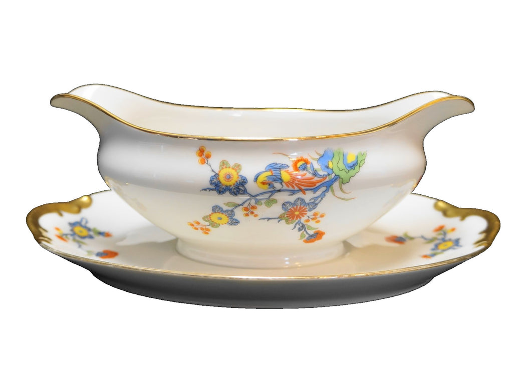J L Hudson Vignaud Freres Limoges France Bird of Paradise Floral Gravy Boat