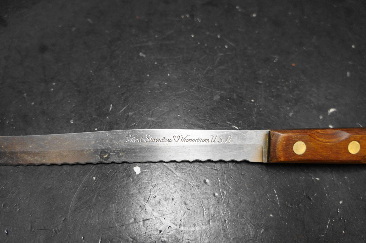 Flint Stainless Vanadium Long Serrated Knife Wood Handle