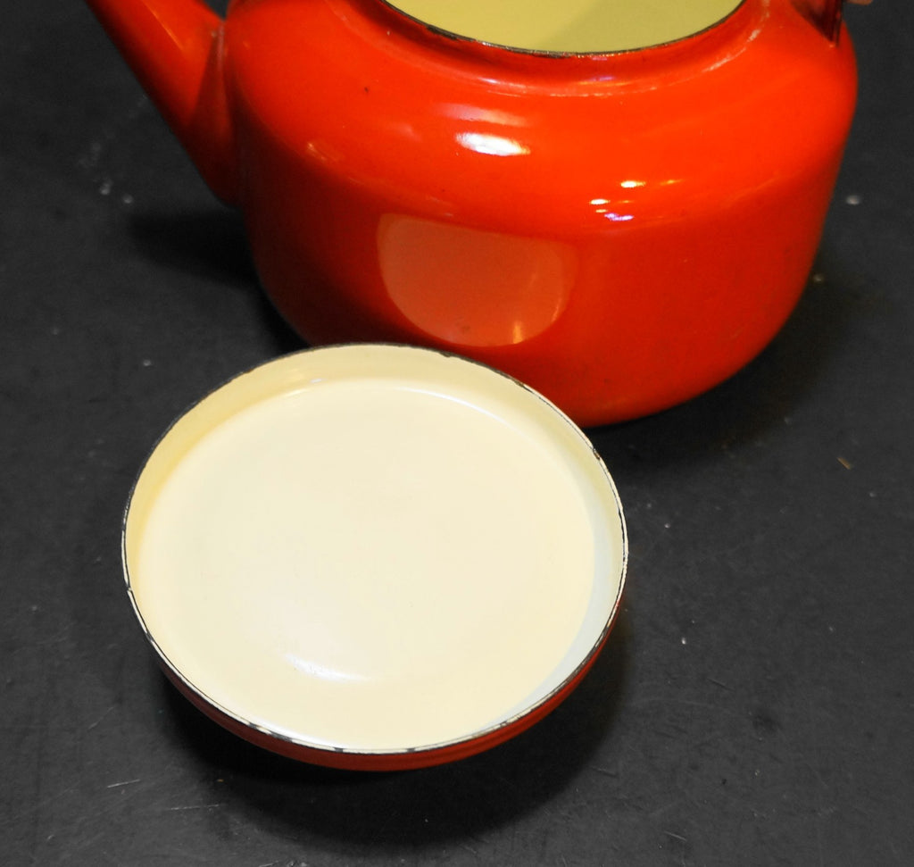 MCM Tomato Red Enamel Small Tea Kettle Tea Pot Pale Wood Handles