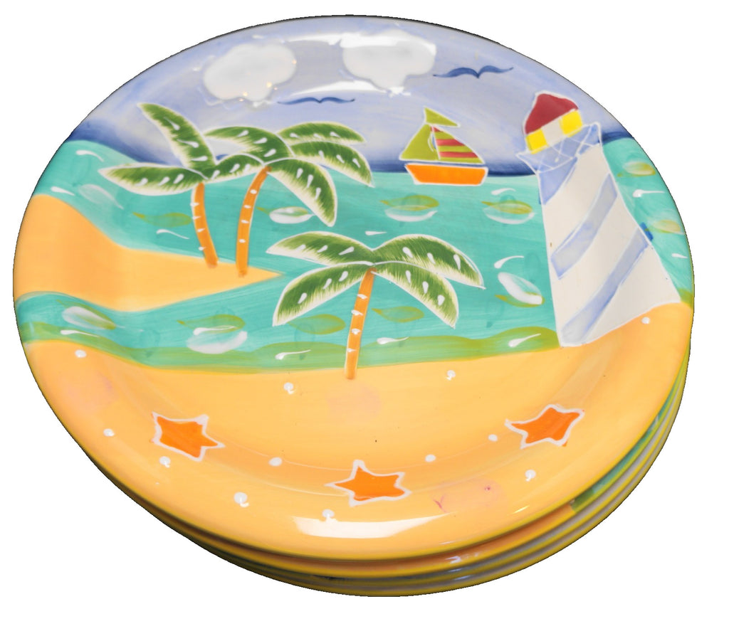 Baum Bros Style Eyes Biscayne Bay Lighthouse Palm Trees Dinner Plates Set of 4