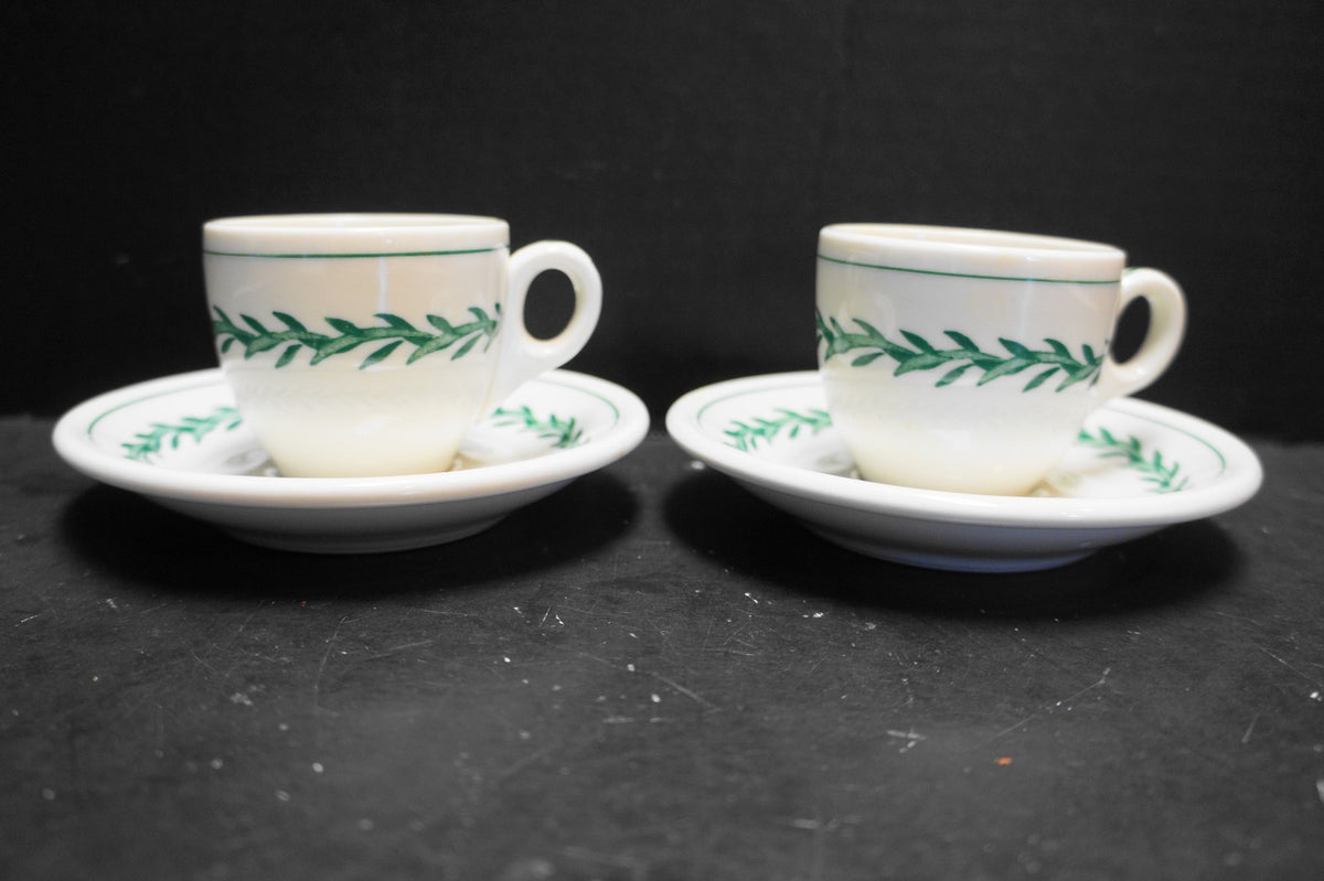 Walker Vitrified China Green Garland Demitasse Cups Saucers Pair