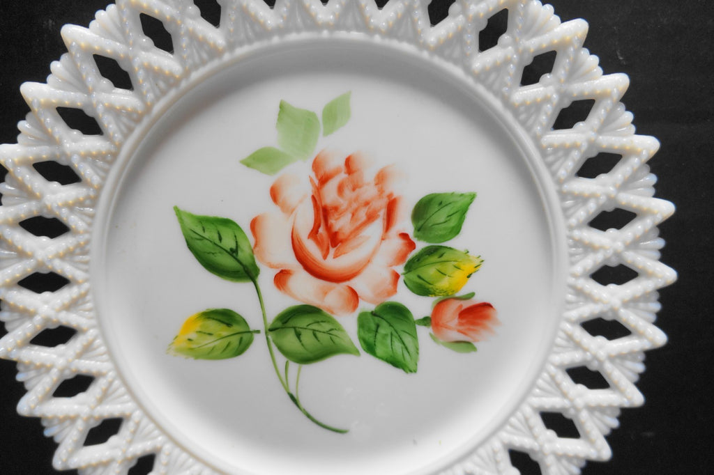 Kemple Sheat of Wheat Lace Edge White Milk Glass Plate Hand Painted Rose