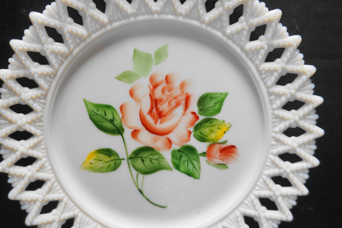 Kemple Sheat of Wheat Lace Edge White Milk Glass Plate Hand Painted Rose