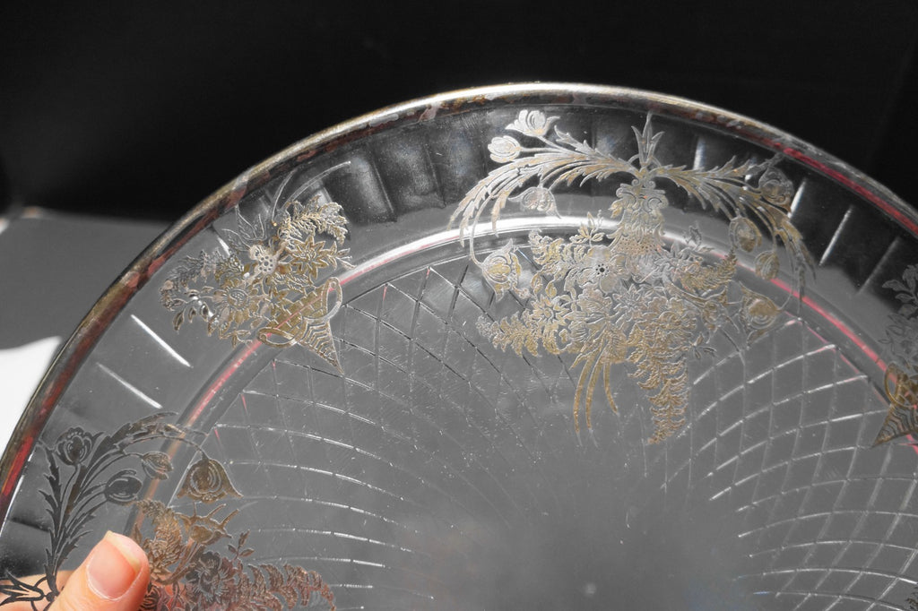 Sterling Floral Overlay Clear Glass Spiral Diamond Cake Plate