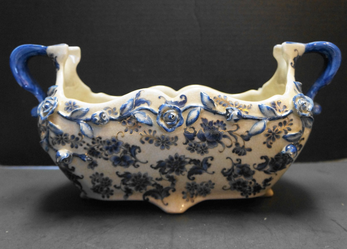 Blue White Rectangle Planter Embossed Flowers Crackle Glaze China