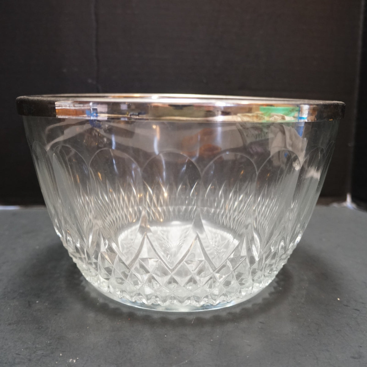 Reims Clear Glass Pressed Diamonds Silver Rim Serving Bowl 9 IN