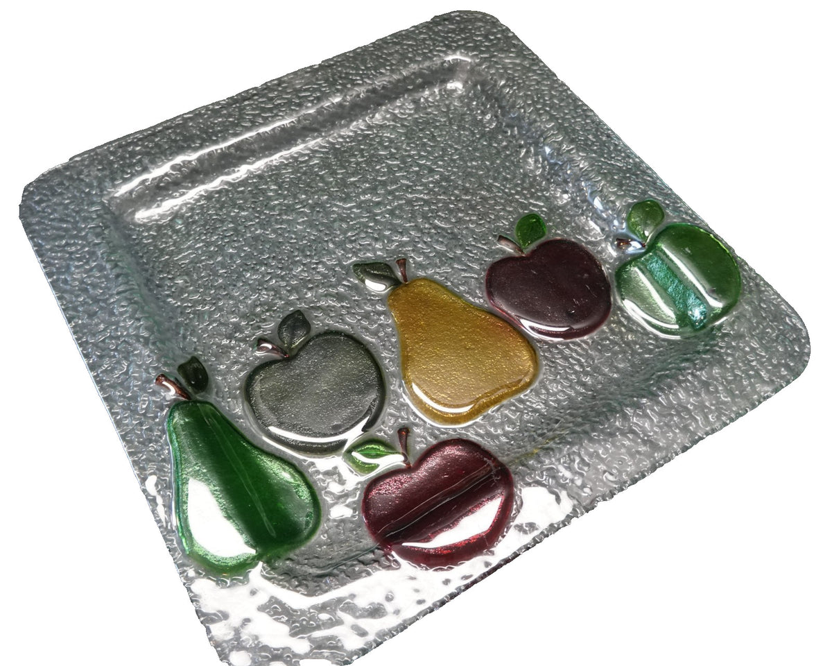 Fused Glass Fruit Apple Pear Clear Pebbled Square Tray 14 5/8 IN
