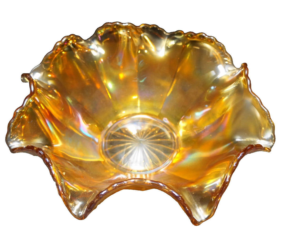 Imperial Glass Marigold Carnival Glass Plain Jane Ruffled Paneled Bowl 9 IN