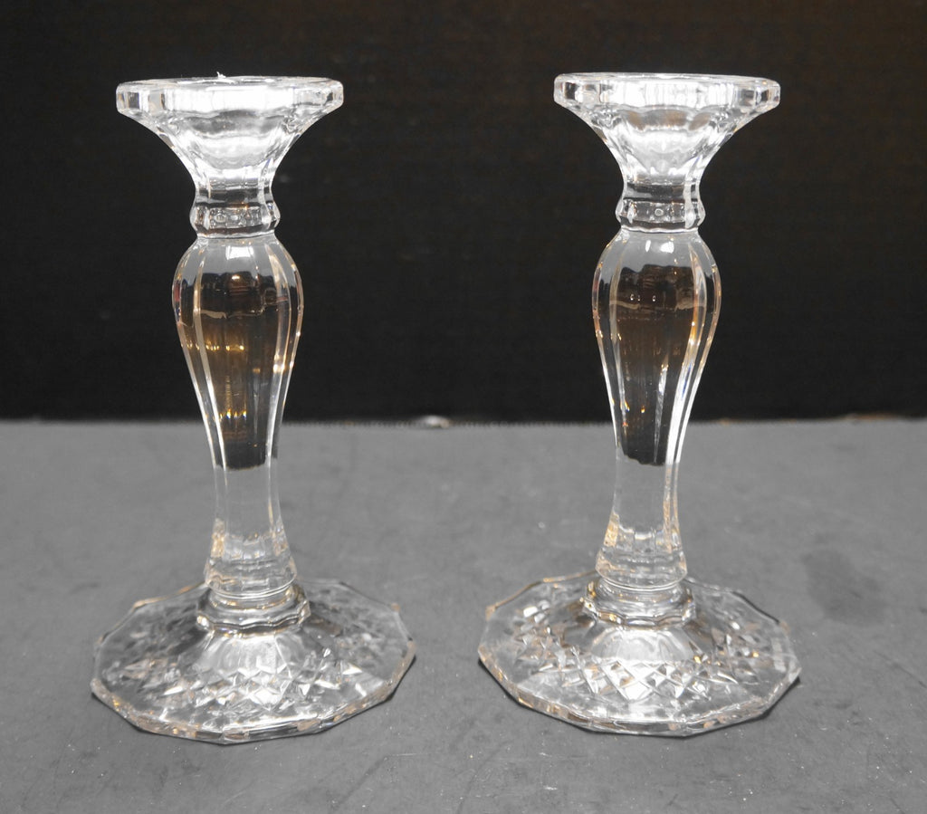 Neiman Marcus Crystal Ribbed Crosshatch Diamond Foot Candle Sticks Pair