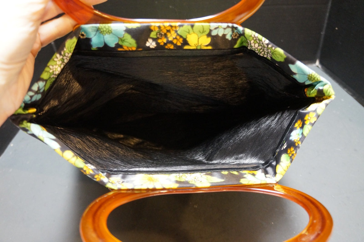Lady's Pride Satin Floral Folding Tote Bag Clutch 1960s Flower Power Lucite Hand