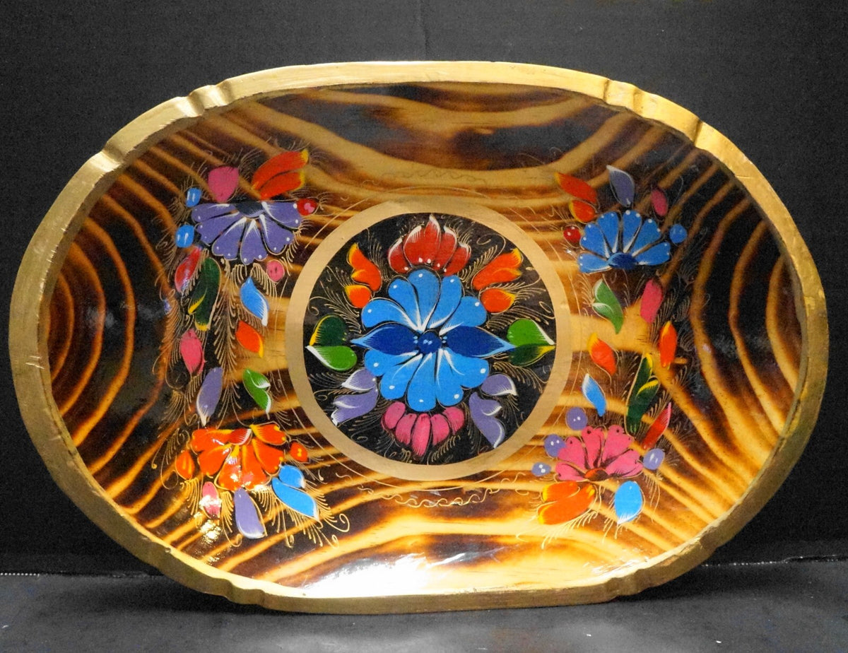 Mexican Batea Hand Painted Bright Flowers Wood Oval Tray Folk Art