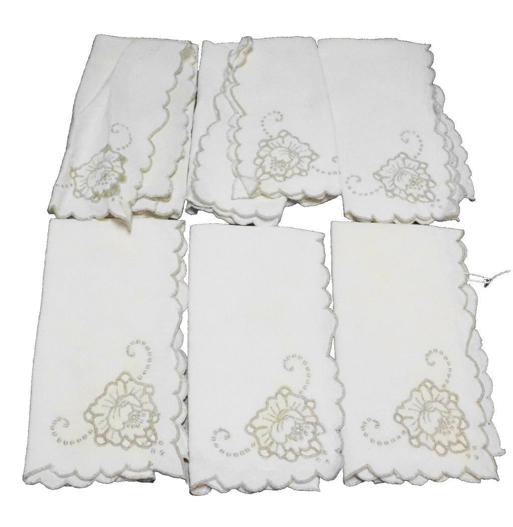 Taupe Embroidered Roses Cream Ecru Linen Napkins Set of 6