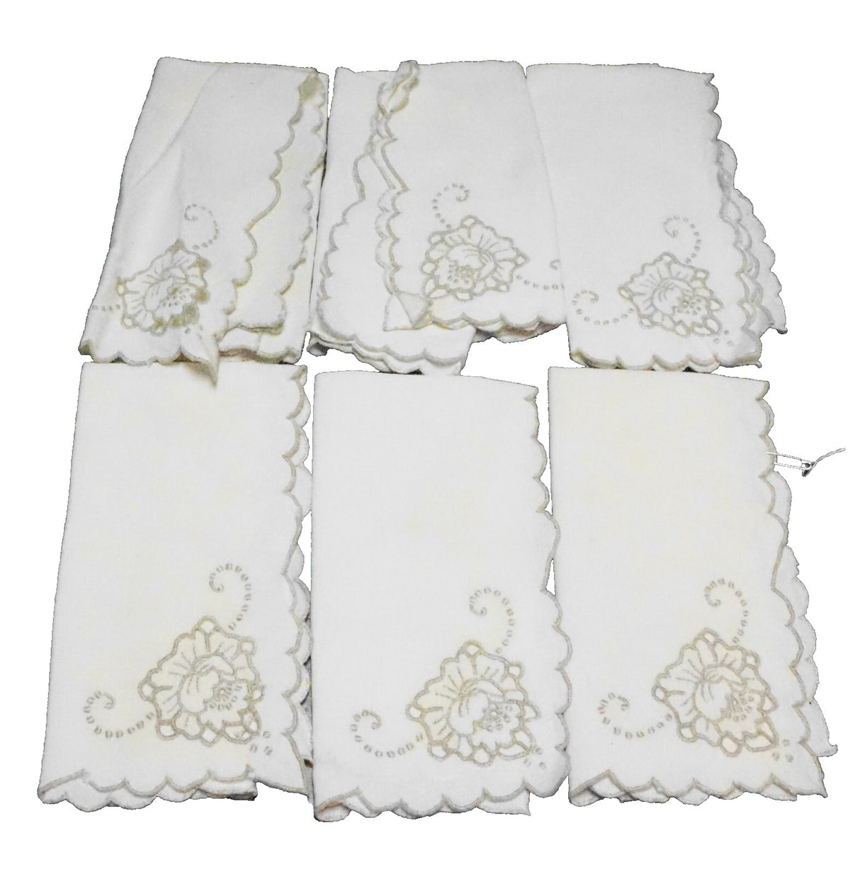 Taupe Embroidered Roses Cream Ecru Linen Napkins Set of 6