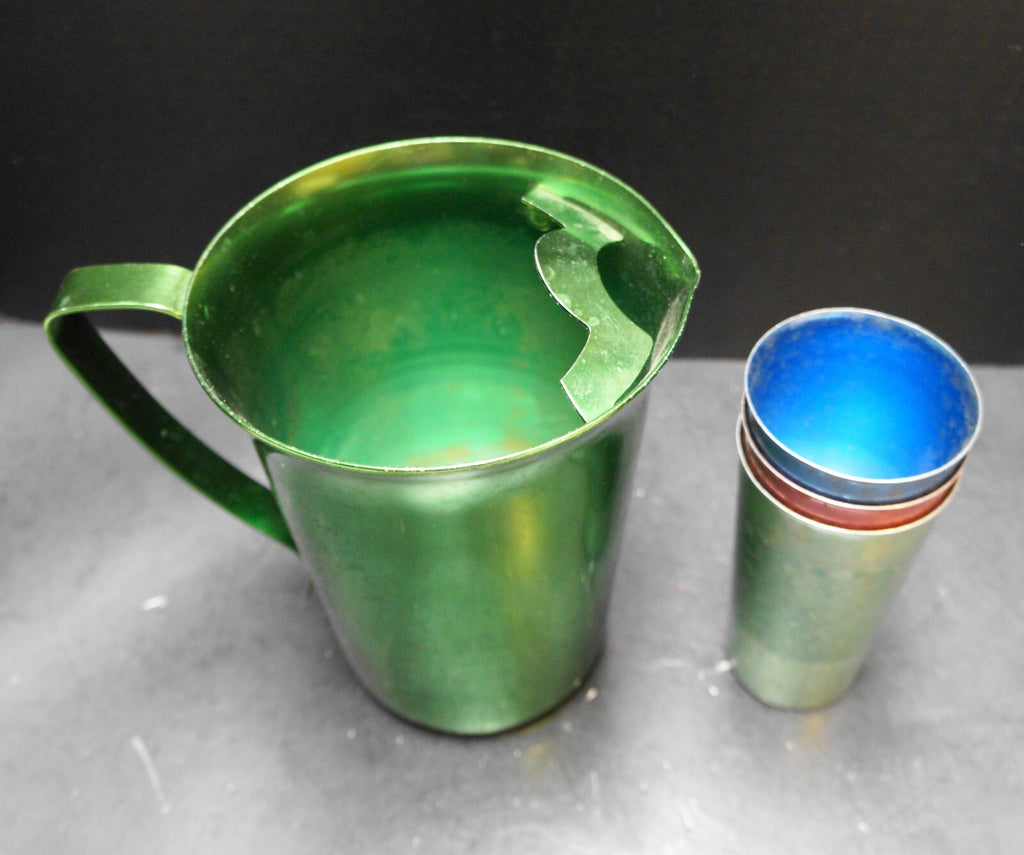 Green Aluminum Pitcher Three Colored Tumblers Set