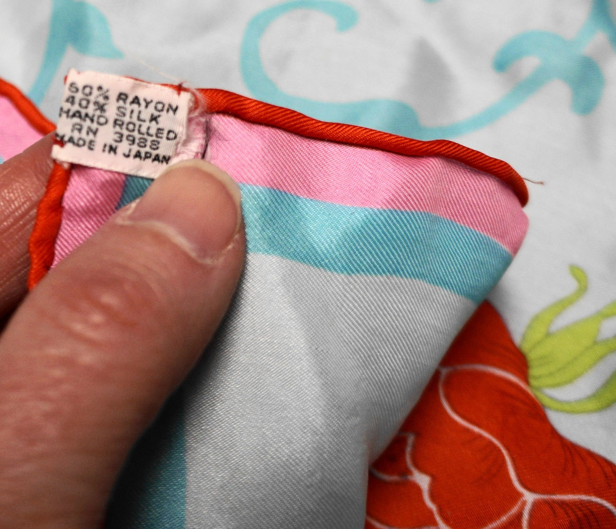Pale Blue Pink Red Flowers Rayon Silk Blend Vintage Scarf Japan