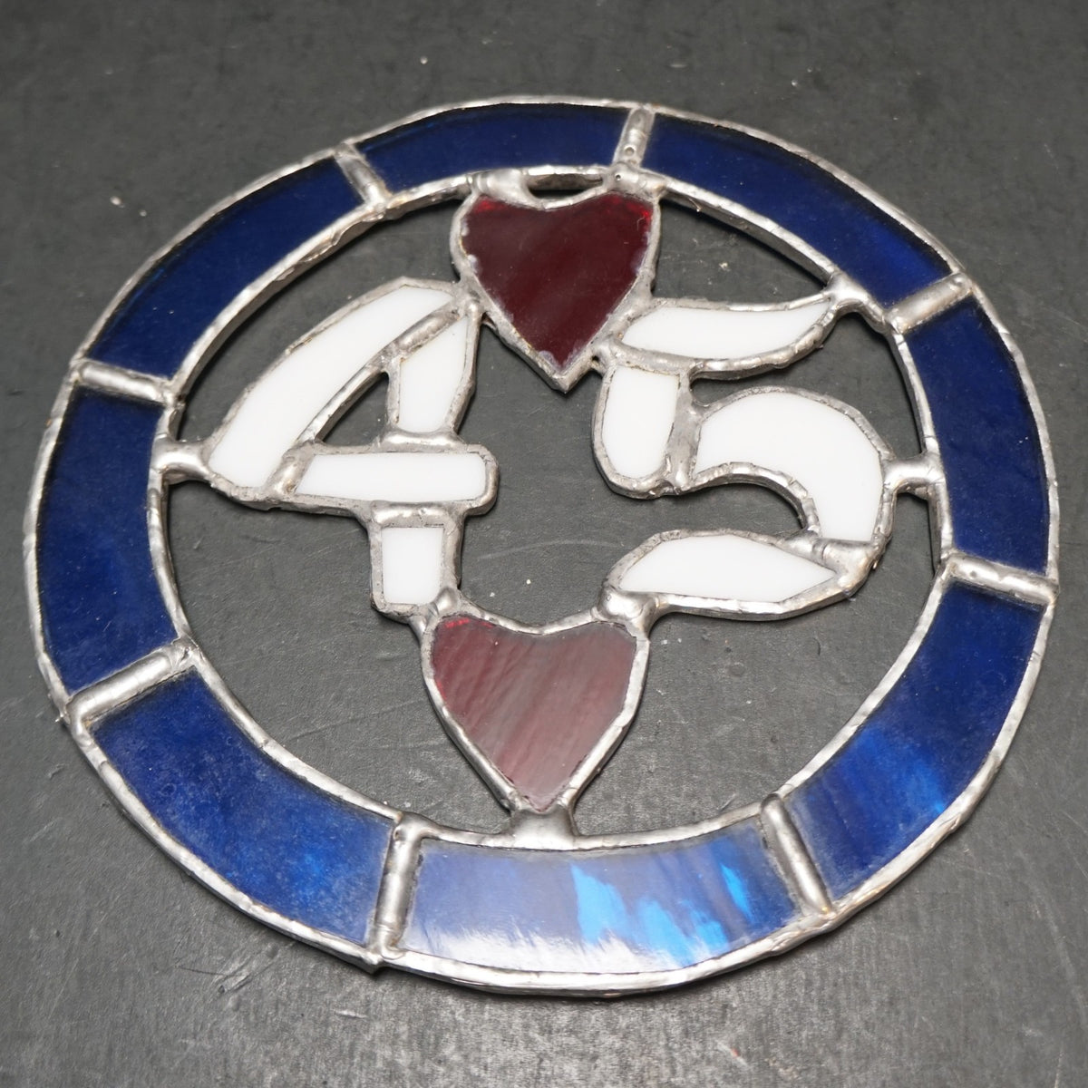 Stained Glass Sun Catcher 45 Blue White Red Heart