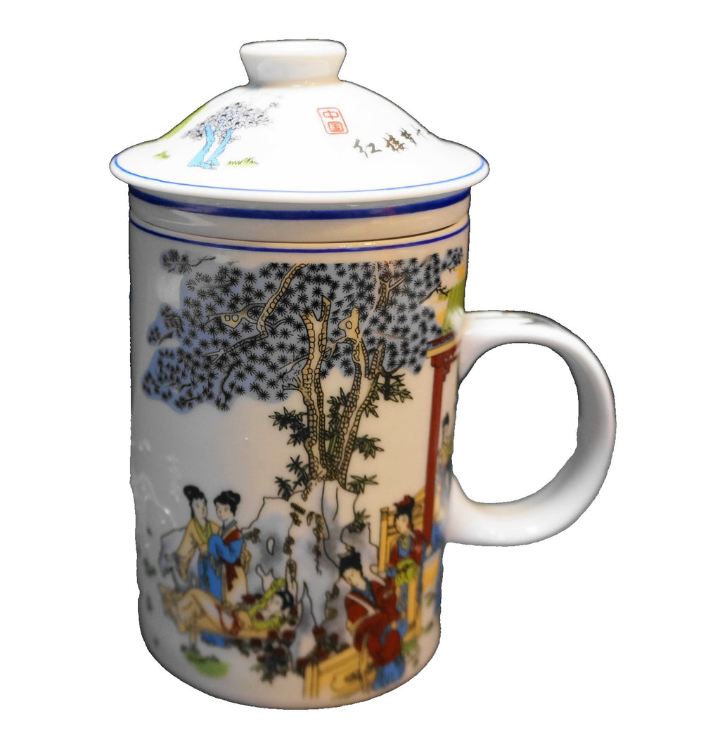Chinese Porcelain Ladies Tree Tea Infuser Mug Lid 3 Pieces Yu Tai