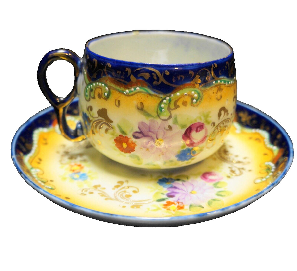 Cobalt Blue Trim Hand Painted Roses Cup Saucer Translucent Porcelain